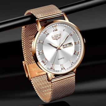 LIGE ultra-thin women's quartz watch classic women's watch double calendar waterproof watch Milan mesh strap watch