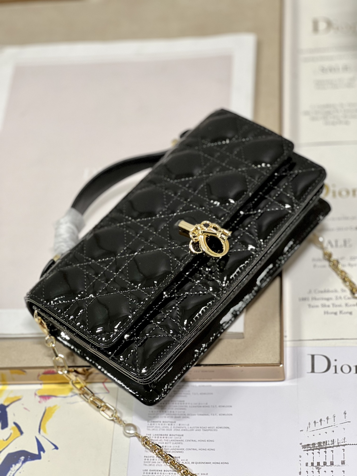 Branded Lady Dior Patent Clutch Small Pearl Black Flip Closure - Luxury Bags - 8