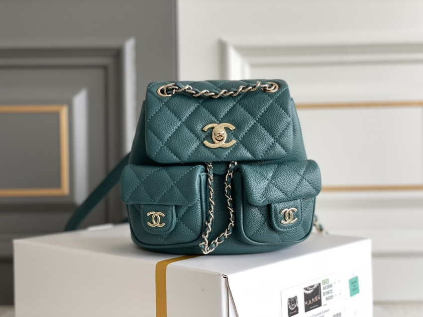 Lychee Leather Chanel Designer Brand Backpack 23P New Duma Small Peacock Green