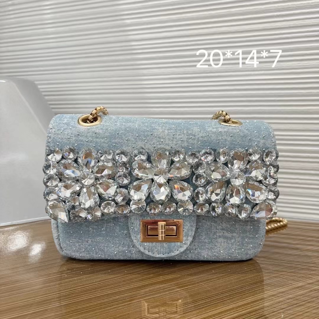 Crystal Flower Denim Bag Women Handbags Jean Shoulder Bags Mini Cute Tote Bag Crossbody Bag - Luxury Bags - 2